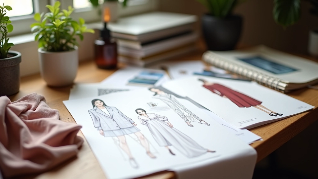 Stilist masasında renkli giysi örnekleri, kumaş parçaları ve desen çizimleri