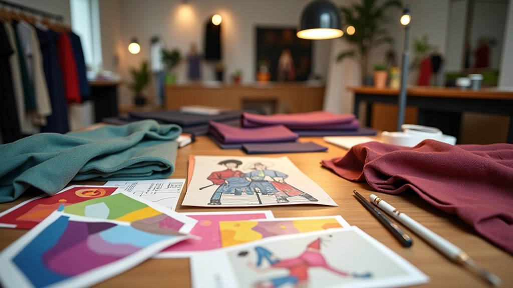 Türk moda tasarımcısı, çeşitli renk ve tekstürlerdeki kumaş örnekleri ve desen çizimleri içeren modern tasarım stüdyosu